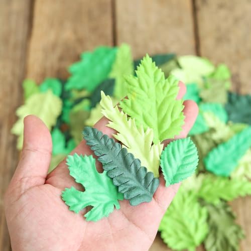 100 pcs Mulberry Paper Leaves DIY Craft Scrapbooking Wedding DIY Craft Supplies Card (Mixed Leaves Green Tone)