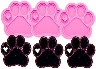 3pc Shiny Paw with Heart Resin Silicone Mold, Dog Paw Print Keychain Mould Crafts Epoxy Resin with 10PC Key Ring(DY0292+DY0292+DY0292)