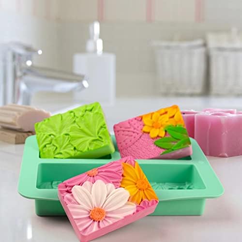HUAKENER 2 Pack Silicone Soap Molds, Rectangle Soap Making Mold | 3D Rectangular Flower Pattern Silicone Molds for Handmade Soap, Bath Bombs, Candle, Chocolate