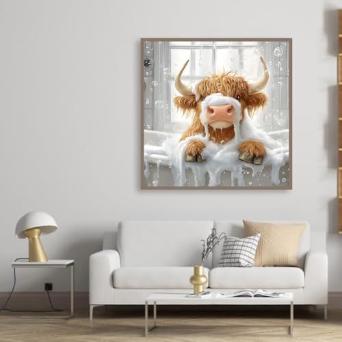 KYOQFVN Cow Diamond Art Kits for Adults, 5D Highland Cow Diamond Painting Kits for Adults, DIY Full Round Drill Paint by Diamonds Dot Gem Art for Home Wall Decor 14x14 Inch