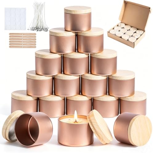 Candle Tins Jars Container Vessels for Making Candle 8 oz Rose Glod Empty Candle Tins Can With Lid Wax Container Bulk Making DIY Candle Supplies Accessories (Rose Gold with Woodgrain Lid, 8oz-12pcs)