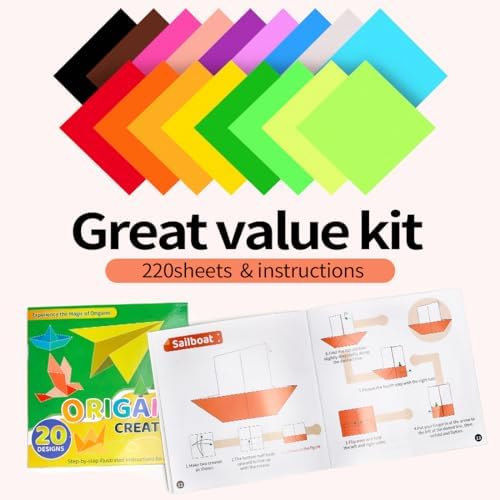 Origami Paper, Double Sided Color Origami Paper kit, 220 Sheets Multicolor Square Easy fold paper with Origami manual for Beginner, Paper & Paper Crafts DIY Projects(6x6inch)