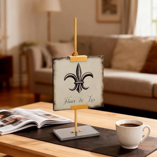 RattanView Adjustable Tabletop Easel Gold Picture Frame Holder Stand up to 16.5" H Metal Floating Picture Rack for Display Easel with Acrylic Base 16 x 5 Frame Holder Stand Table for Art Photo Signs