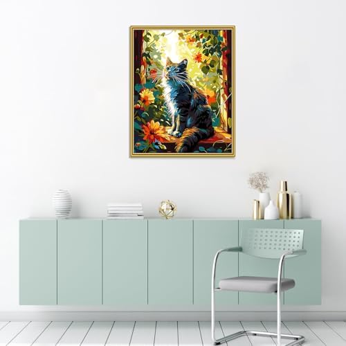 ZTOTZ Cat Paint by Numbers Kit for Adults,Animal Cat Paint by Number Kit Canvas, DIY Window Flower Paint by Numbers Easy for Living Room Decor Gift 16x20 Inch