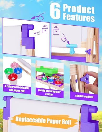 Joyooss Art Easel for Kids Easels for Toddler with Paper roll Purple | Wooden Chalkboard for Kids Adjustable Double Sided Dry Erase Board,Toddler Art Easels for Kid Ages 4-8