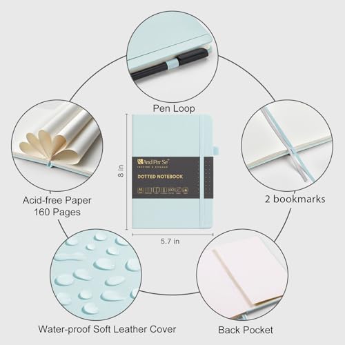 &And Per Se Dotted Notebook with Pen, A5 Hardcover Dotted Journal, 160 Pages 100GSM Thick Paper Dot Grid Journal with Fineliner Pen (Cyan)