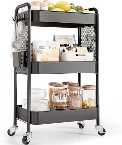TOOLF 3 Tier Rolling Cart, Metal Utility Storage Cart with Pegboard, Black | 2 Bins & 4 Hooks, Screwless Assembly, Lockable Wheels, Trolley Organizer for Bathroom, Kitchen, Office, Dorm, Craft Room