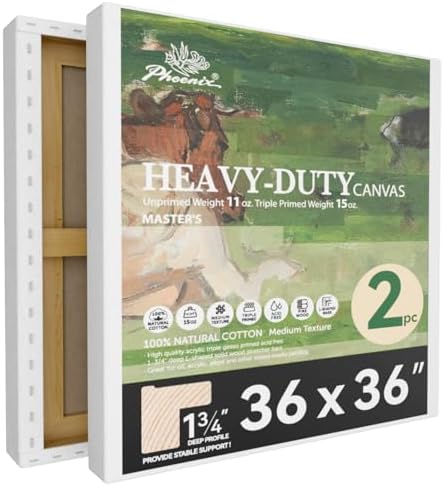 PHOENIX 36x36 Inch 2 Pack Heavy Duty Stretched Canvas - 1 3/4" Thick Extra Large Square Canvas for Painting - Master Series 15 Oz. Gesso Primed Cotton Archival Canvases for Professional Artists