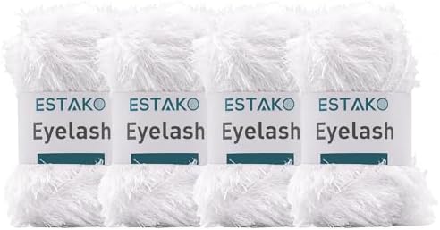 Estako Eyelash Yarn, Soft Fuzzy Faux Fur for Crochet, White, 4-Pack