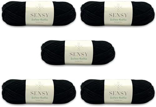 S Sensy Softee Raffia - Polyester Raffia Yarn 5 Skeins Black 109 Yards 4 oz