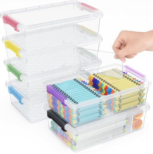 6 Pack Extra Large Pencil Box with Removable Divider, Thickened Pencil Case Bulk, Clear Crayon Marker Organizer Stackable Plastic Small Storage Containers for Pen Craft School Supplies (Multi)
