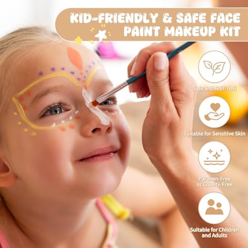 Pintada 54 Color Face Painting Kit for Kids - Non Toxic Water Based face paint Set with Brushes, Stencils, Gems & Sponges, - Safe for Sensitive Skin, Halloween, Birthday Parties, Cosplay & Festivals