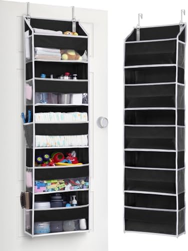 ULG 1 Pack Over The Door Organizer – 5 Shelf Door Organizer Hanging & 10 Side Pockets, Reinforced 44LB Capacity Hanging Organizer, Behind The Door Storage for Bedroom, Nursery, Pantry (Black)