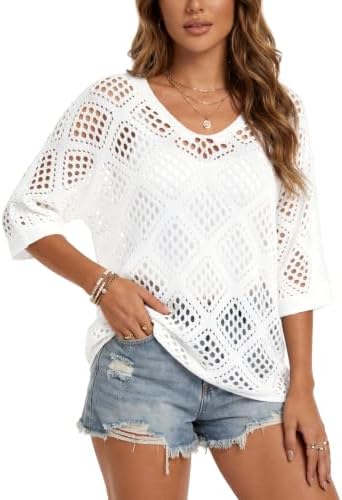 Womens Crochet Top Summer 3/4 Sleeve Cover Up V Neck Boho Tops