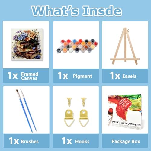 Books Paint by Numbers Kit for Adults Beginner, Paint by Numbers 10x10 Inch | Books Framed Paint by Numbers with Easel, Acrylic Painting by Numbers, DIY Arts and Crafts for Gifts or Home Decor