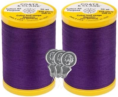 Coats & Clark Cotton All Purpose Sewing Thread 100% Mercerized Cotton 225 Yards Each Spool S970 2 Pack Bundle with 3 Bella's Crafts Needle Threaders (Purple)