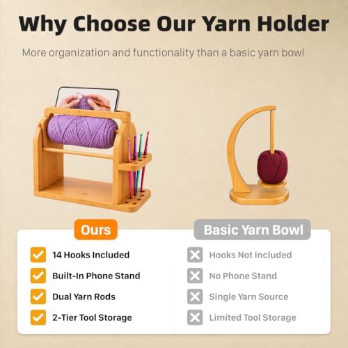 Crochet Yarn Holder with Phone Stand, Dual Rods & 14 Crochet Hooks