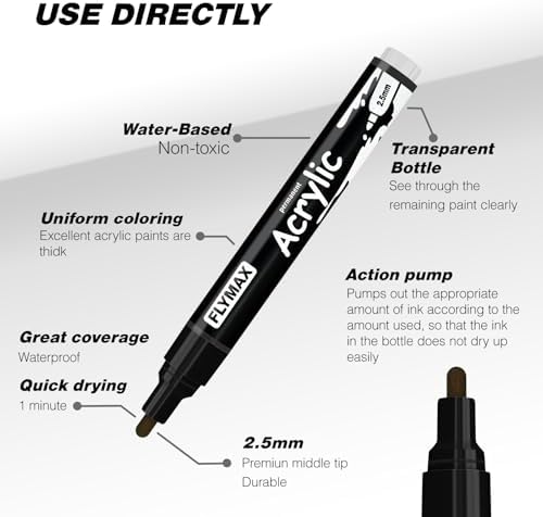 FLYMAX Yellow Marker Paint Pens - Permanent Marker Pens Yellow Acrylic Paint Water-Based 2.5mm Medium Tip Waterproof Quick-Drying (3 in 1Pack)