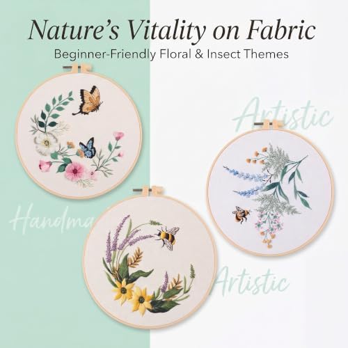 Harimau Beginner Adult Embroidery Kit, All-in-One Starter Pack with 3 Patterns, 3 Hoops, Scissors, Needles, Instruction Manual & Stitching Video Guides