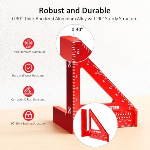 3.8＂Mini 3D Multi-Angle Measuring Square Ruler, WT102A High Precision Hole Scribing Woodworking Tools, 0-90° Aluminum Alloy Carpenter Square Wood Working Tools, Carpenter Pencils 6 Refills.