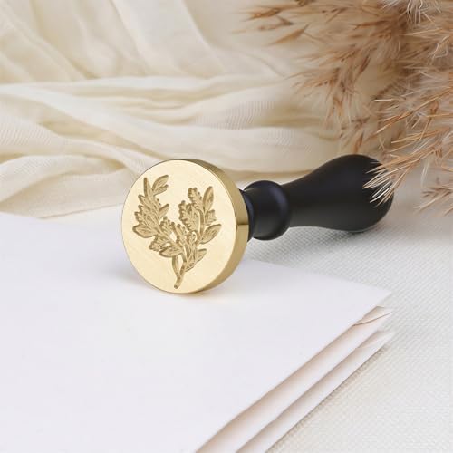 UNIQOOO Eucalyptus Wax Seal Stamp with Wooden Handle, Floral Botanical Theme Vintage Brass Stamp for Wedding Invitation, DIY, Gift Wrap, Envelopes, Christmas Card