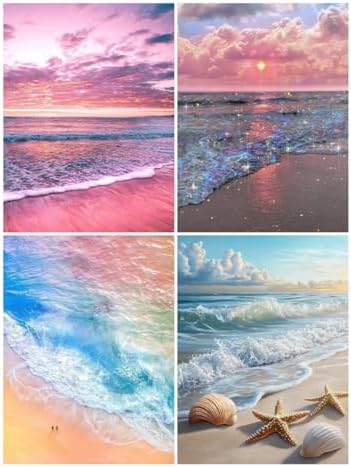4 Pack Beach Sunset 5D diamond painting for adults Kits, Full Drill Coastal 5D diamond art kits for adults, Scenic Ocean gem art kits for adults, art painting Set Home Wall Decor 11.8x15.7 Inch