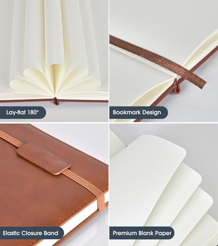 Biuwory A5 Hardcover Blank Journal Notebook, Leather Sketchbook for Drawing | 140 Unlined Pages Vintage Notebook, 5.7"×8.3" Travel Diary for Work, School, Art Journal, Daily Writing for Women & Men