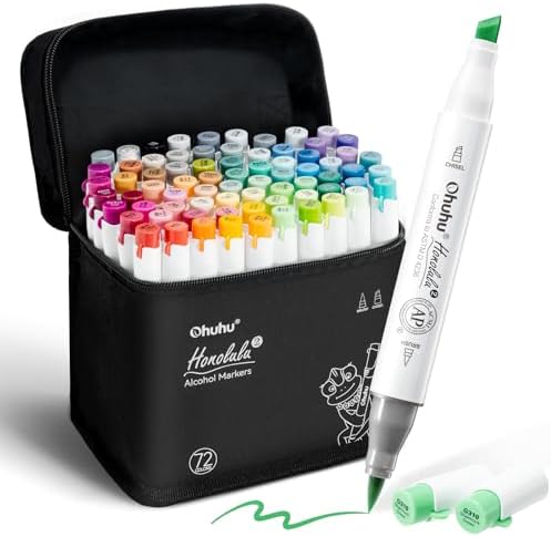 Ohuhu Alcohol Markers Brush& Chisel 72 Colors for Adult Coloring Refillable | AP Certified Art Marker Set, Dual Tips Alcohol-based for Artists Beginners Drawing Illustration Sketching, Honolulu 2