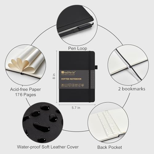 &And Per Se Dotted Notebook with Pen, 176 Numbered Dotted Pages, A5 Hardcover, Journal Stencils & Fineliner Pen for Beginners Women Men (Black)