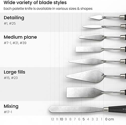 Arteza Palette Knives 8-Pack, Sizes No. 1, 25, 7, 15, 39, 23, 17, 21, Durable Stainless Steel Blade & Break-Resistant Wooden Handle, Art Supplies for Oil & Acrylic Painting
