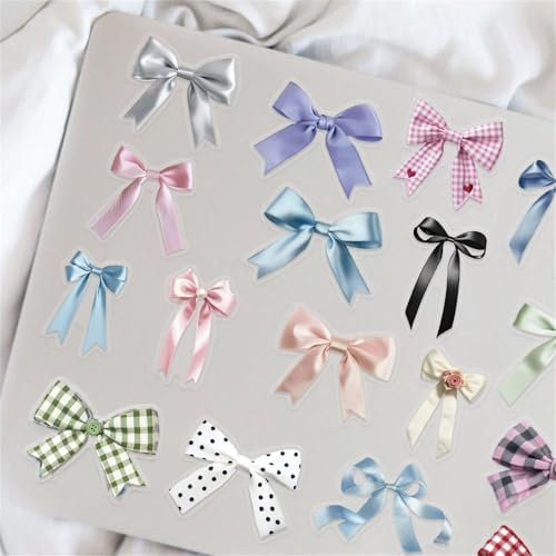 50pcs Transparent Colorful Bow Sticker, Vinyl Cute Aesthetic Bows Stickers for Water Bottle Scrapbook Laptop Luggage Skateboard,Waterproof Funny Trendy Decals for Teens Girls Women (Colourful)
