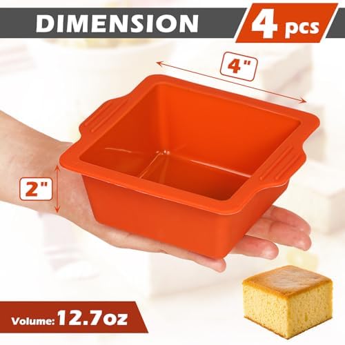 Webake 4 Inch Silicone Square Cake Pans, Nonstick Mini Square Silicone Molds for Baking, Ice Cube, Jelly, Soap, BPA Free Set of 4