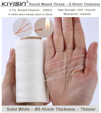 Thin Wax Polyester Thread, 0.45mm, 547 Yards, 3 Ply Round Waxed Cord Strings for Sewing, Beading, Binding, Micro Braiding, Fine Leather Craft and Micro Macrame Jewelry - White