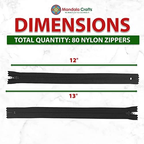 Mandala Crafts 80 PCs Assorted Closed-End 12 Inch Nylon Zippers for Sewing