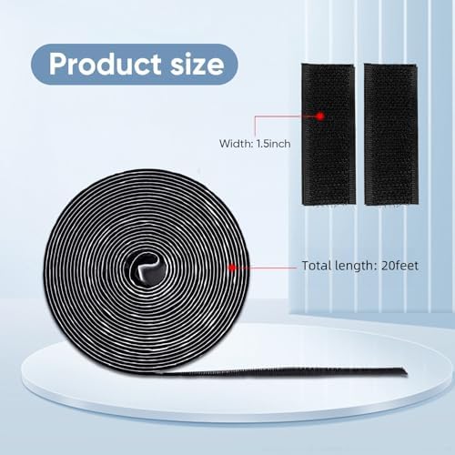 20Ft x 1.5 Inch Hook and Loop Tape Strips with Adhesive, Heavy Duty Sticky Back Nylon Strips for Home, Office, School, Crafting & DIY Projects, Double Sided Strips - Adhesive Fastening Tape