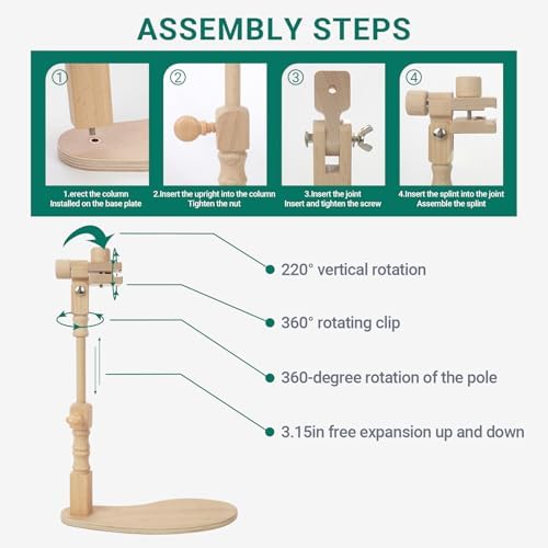 Airo Beech Adjustable Embroidery Hoop Stand,Embroidery Holder Stand,Cross Stitch Stand,Embroidery Stand with 2pcs Embroidery Hoops (6inch + 8inch), Rotatable, Tool-Free Installation