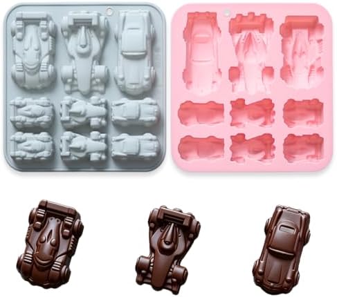 2 Pack Racing Car Chocolate Silicone Molds, 9-Cavity 3 Styles Racing Car Shape Tray for Cake, Pudding, Gummy, Jello, Resin, Ice Cube, Biscuits and Cake Decorating, DIY Crafts