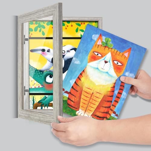 GULETHUN [2-Pack] Kids Art Frames, 9x12 Front Opening Kids Artwork Frames Changeable, Light Wooden Color Artwork Display Storage Frame for Wall, Holds 50 Pcs, for 3D Picture, Crafts, Children Drawing
