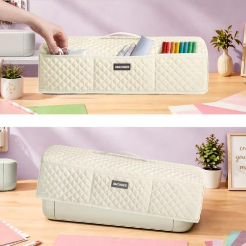 AMOIGEE Dust Cover for Latest Cutting Machine Cricutt Explore 5, Quilted Protective Cover with Storage Pockets for Cutting Machine, Floral Fabric Anti-Dust Cover for Craft Machine Organizer