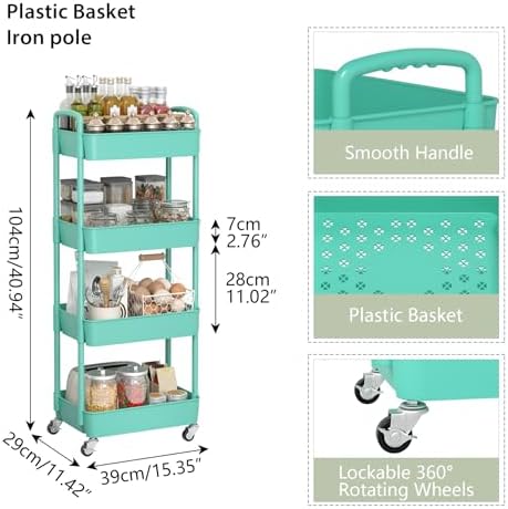 Sywhitta 4-Tier Plastic Rolling Utility Cart with Wheels for Storage,Green