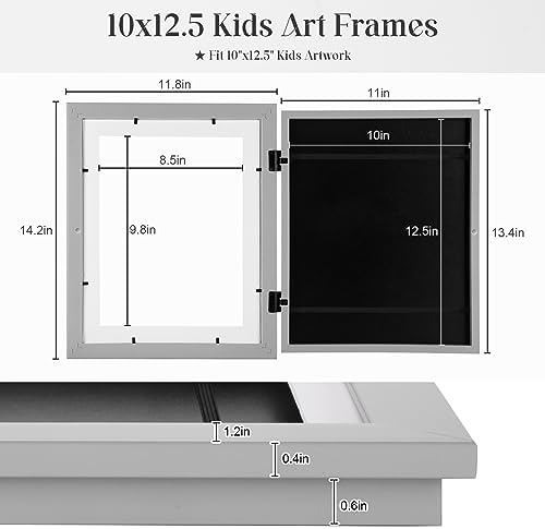 [2-Pack] Kids Art Frames, 10x12.5 Front Opening Kids Artwork Frames Changeable, Gray Artwork Display Storage Frame for Wall, Holds 50 Pcs, for 3D Picture, Crafts, Children Drawing, Hanging Art,