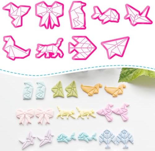 9 Pcs Origami Shape Polymer Clay Cutters - Geometric Animal & Bow Cookie Cutter Set for Jewelry Making, Earring Molds, Fondant Cake Decorating & DIY Crafts