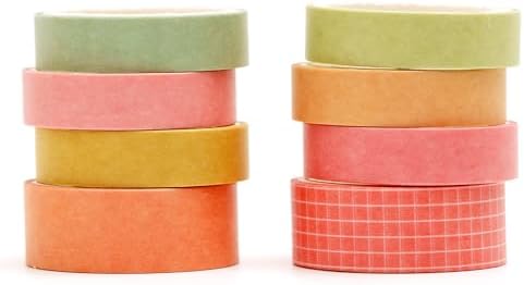 YUBBAEX 8 Rolls Basic Washi Tape Set Solid Color Grid Masking Decorative Tapes for Arts, DIY Crafts, Journals, Planners, Scrapbooking, Wrapping (Rising Sun)