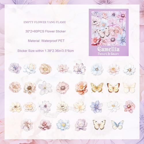 Doraking 60 Pieces Glitter Shiny Flower Stickers for Journaling Art Crafts | Waterproof Decorative Decal for Scrapbooking Supplies Journal Planners Photo Album Decor (Colorful)