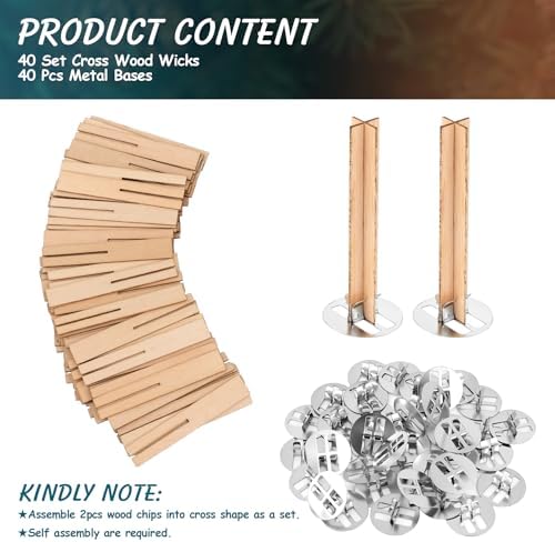 40 Set Wood Candle Wicks Cross Shape 2.4x0.4inch / 60x10mm, Cross Wooden Wicks w/Iron Stands for Soy Candle Making, Natural Wood Wick Core Handmade Candles Supplies