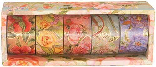 YUBBAEX Blooming Washi Tape Set Gold Foil Masking Tape Peony Wide Decorative for Arts, DIY Crafts, Journal Supplies, Planners, Scrapbook, Card/Gift Wrapping -25mm- (Red Flowers)