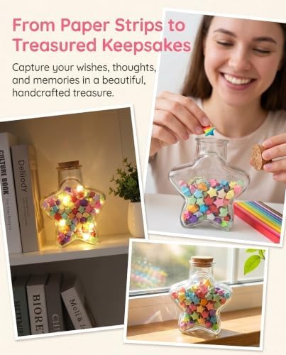jojofuny Lucky Star Origami Kit with Glass Wish Bottle, 540pcs Paper Strips