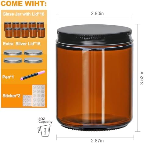 Salzesfalls 16 Pack Dark Amber Candle Jars, 8 oz Glass Jars with Lids