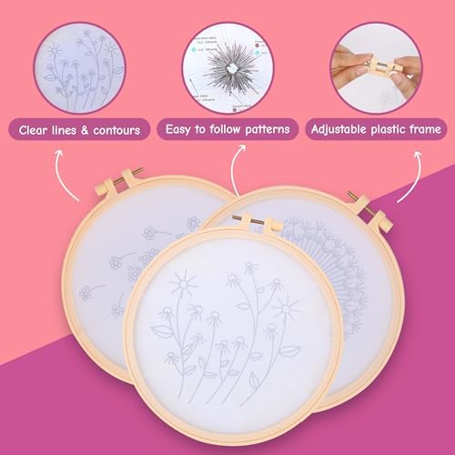 Clear Background Embroidery Kit for Beginners – DIY Hand Embroidery Kit with 3 Hoops, Stamped Patterns, Needles, Thread, Scissors – Minimalist Embroidery Set for Adults, Teens, Women, Craft Lovers