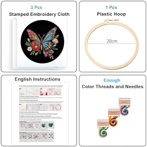 Konrisa Flower Butterfly Embroidery Kits for Adults, Stamped Embroidery Starter Kit with Hoop,DIY Sewing Needlepoint Cross Stitch Kit, Set of 3